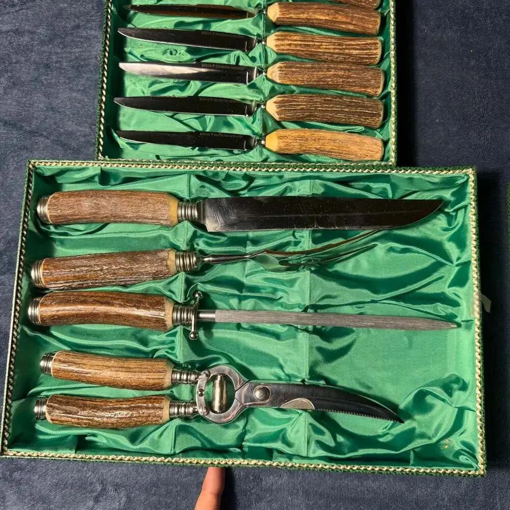 Vintage Boker Solingen Germany Stag Handle 11-Piece Carving and Steak Knife Set